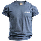 Blue t-shirt with white golf ball and grass graphic on the left chest.