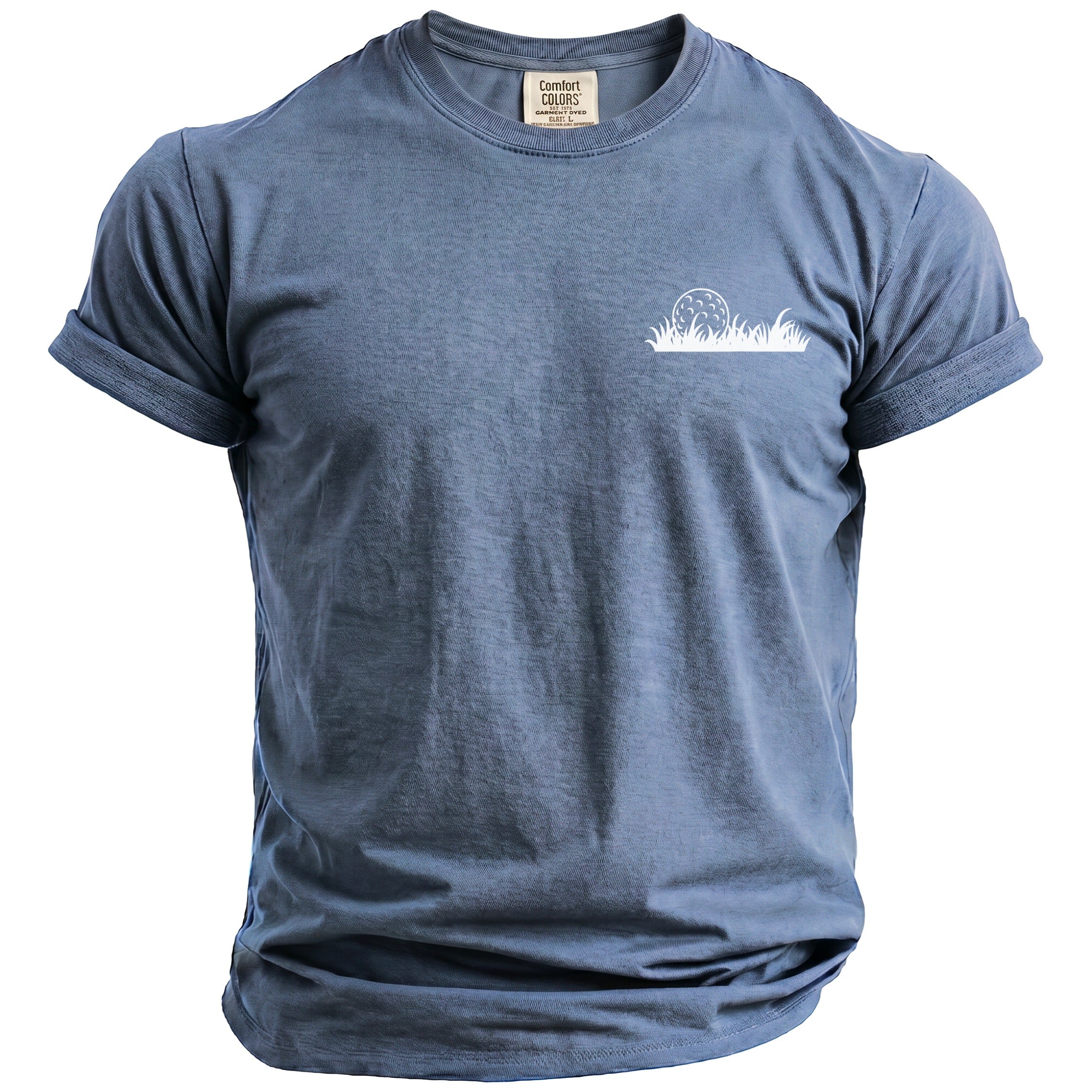 Blue t-shirt with white golf ball and grass graphic on the left chest.