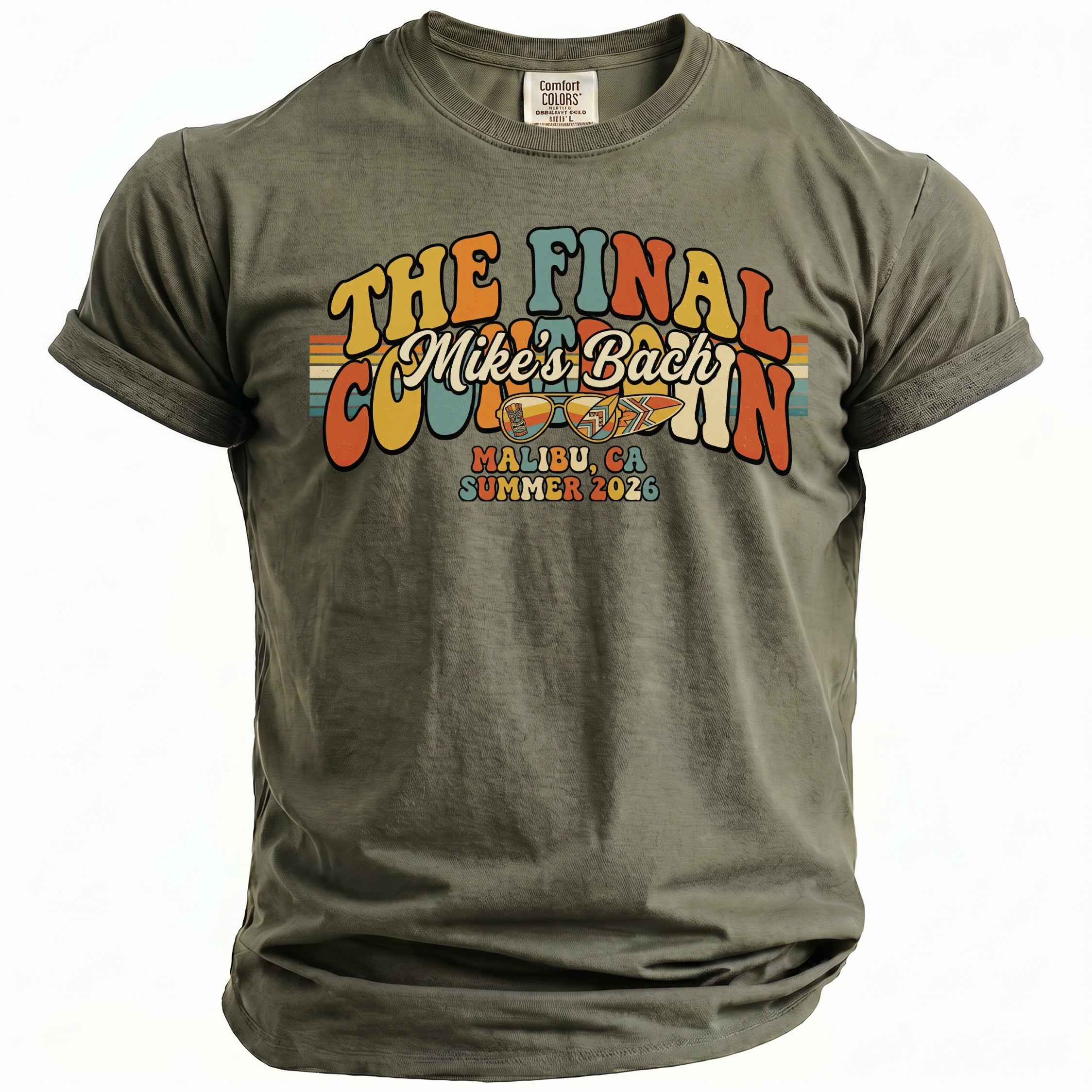 Olive green t-shirt with retro graphic "The Final Mike's Bach" and "Malibu, CA Summer 2026"