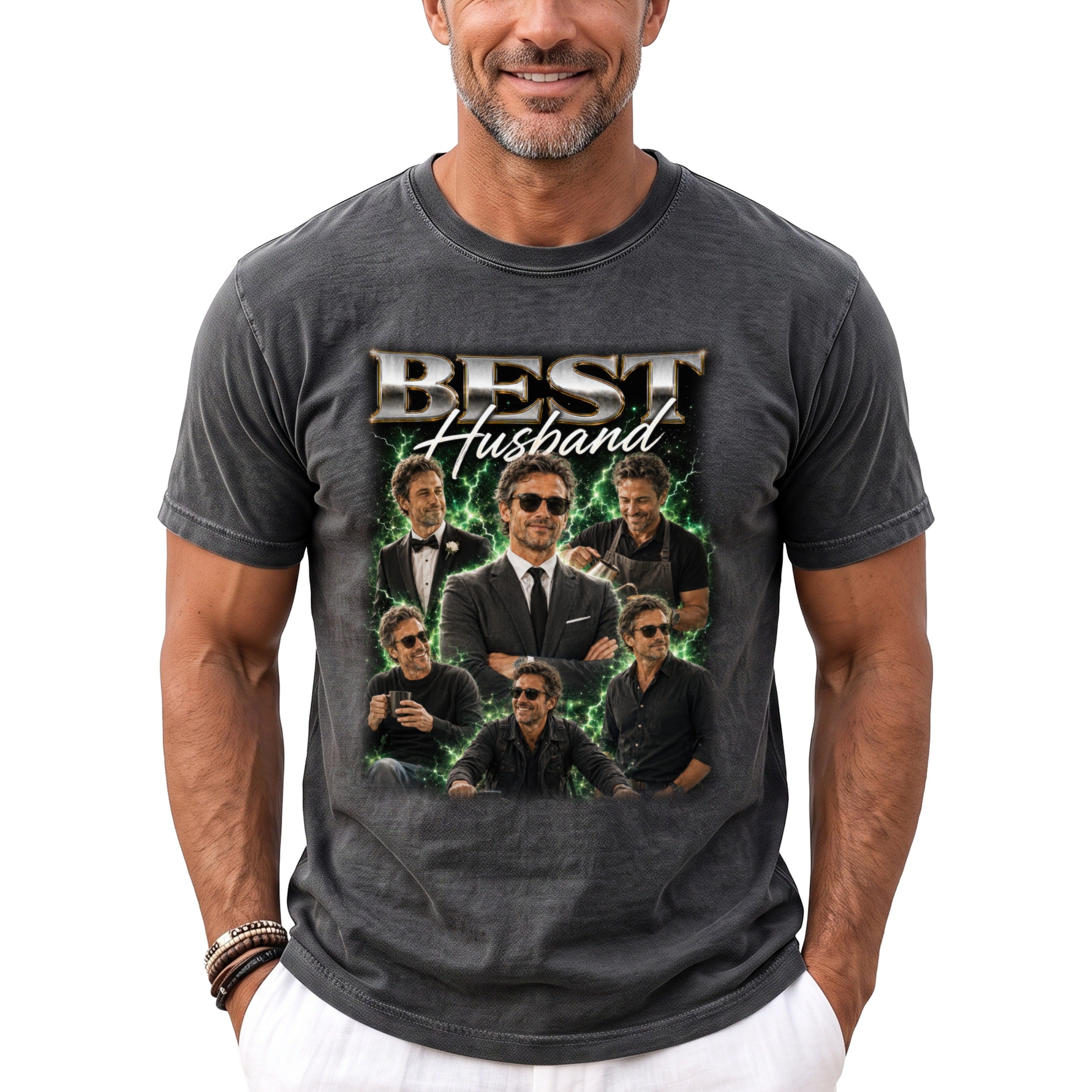 T-shirt with "BEST Husband" text and collage of man in different outfits.