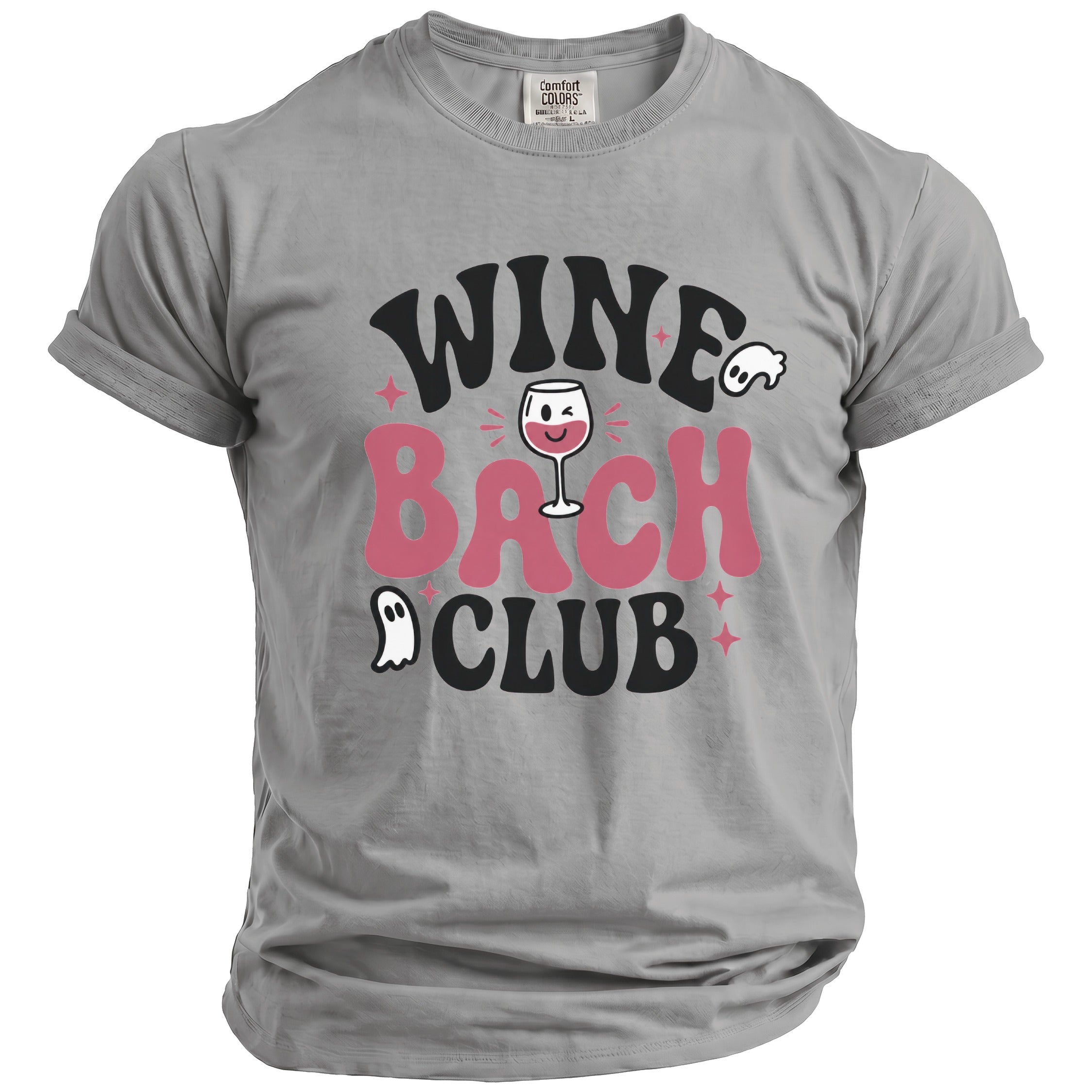 Grey t-shirt with "Wine Bach Club" text, a wine glass, and ghosts.