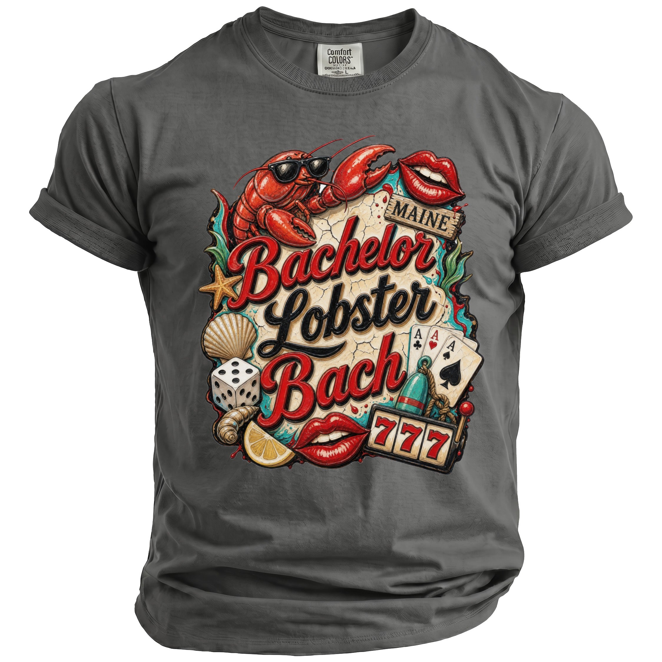 Gray t-shirt with a graphic of a lobster, lips, dice, and slot machine reading "Bachelor Lobster Bach MAINE."