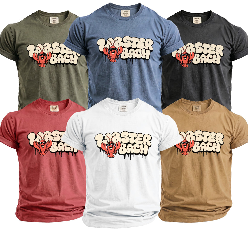 T-shirts in multiple colors featuring a lobster graphic and "Lobster Bach" text.