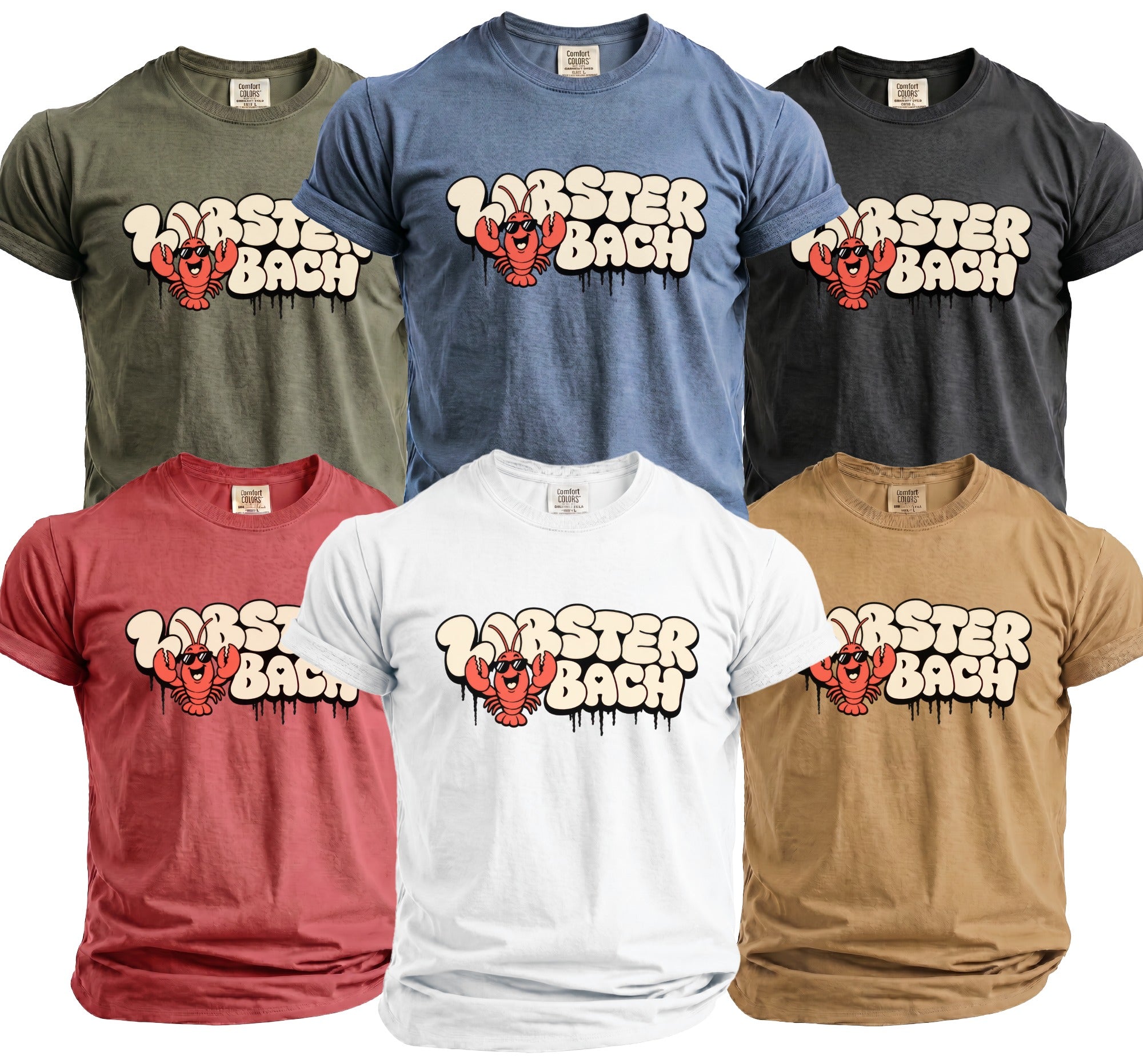 T-shirts in multiple colors featuring a lobster graphic and "Lobster Bach" text.