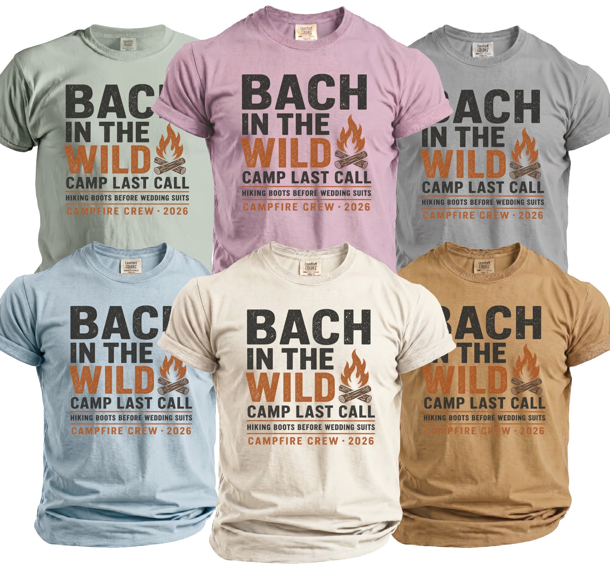 T-shirts with "Bach in the Wild, Camp Last Call" graphic and campfire.