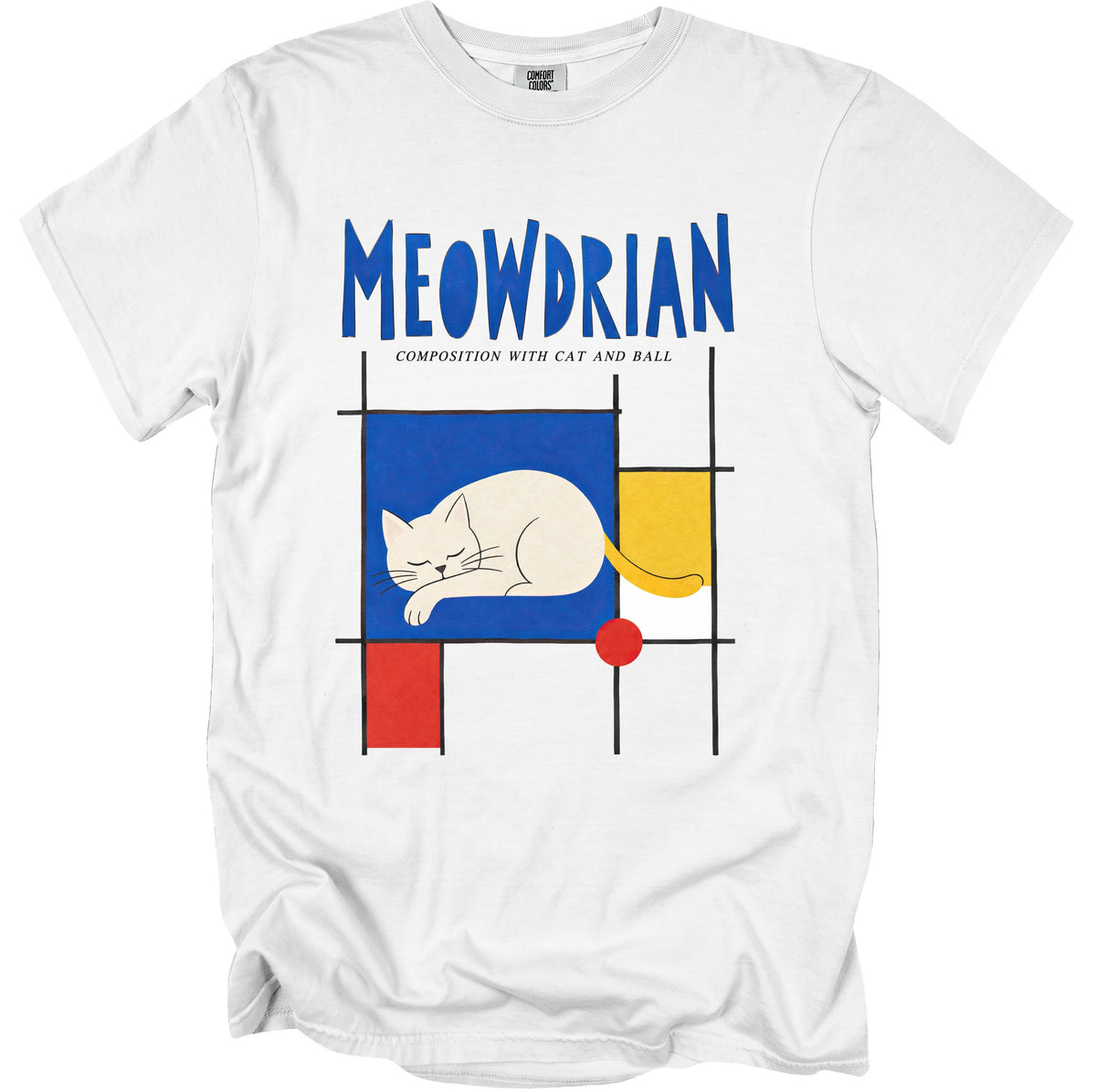 White t-shirt with blue "MEOWDRIAN" text and Mondrian-style cat graphic.