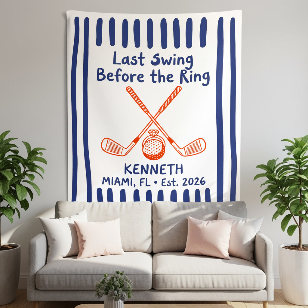 "Last Swing Before the Ring" tapestry with crossed golf clubs, ring, and text.
