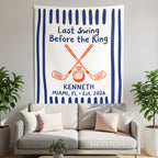 "Last Swing Before the Ring" tapestry with crossed golf clubs, ring, and text.