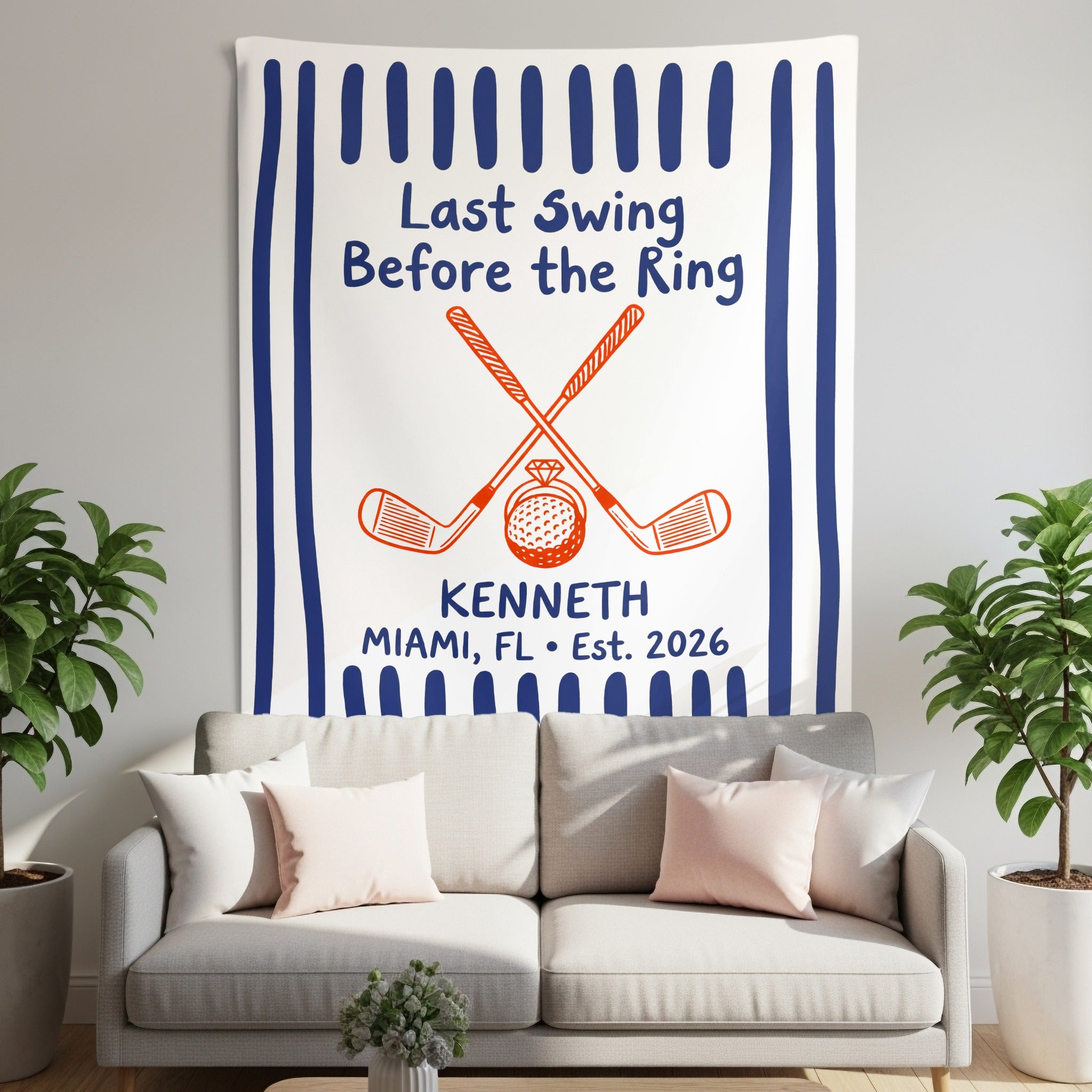 "Last Swing Before the Ring" tapestry with crossed golf clubs, ring, and text.