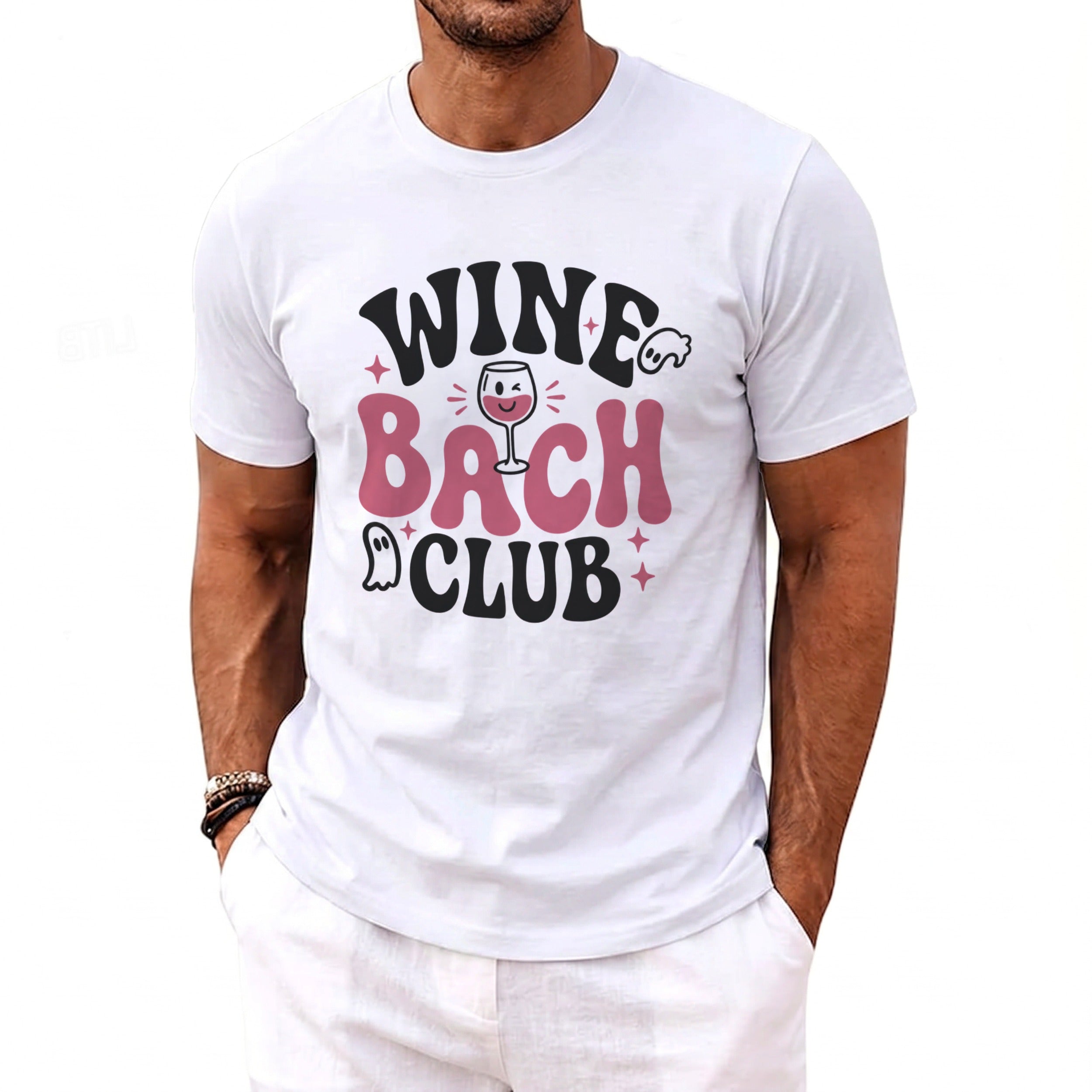 White t-shirt with "WINE BACH CLUB" text, wine glass, and ghosts graphic.