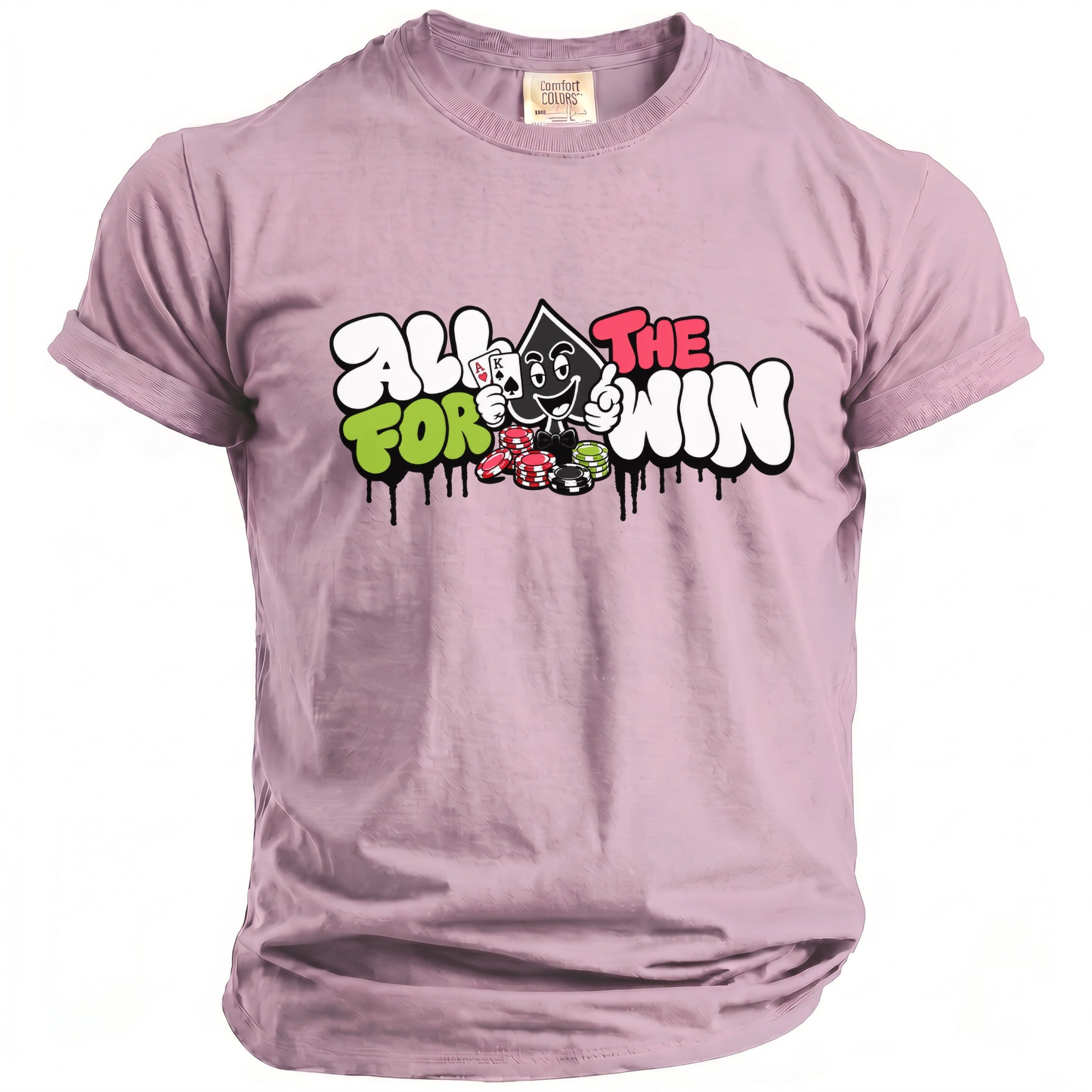 Purple t-shirt with "All for the win" text and cartoon poker chip graphics.