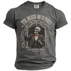 Grey t-shirt with skeleton graphic "Til Death Do Us Party," Jessica & Michael, 10.31.2026.