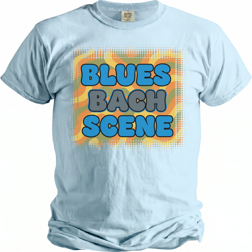 Light blue Comfort Colors t-shirt with "BLUES BACH SCENE" text and psychedelic graphic.