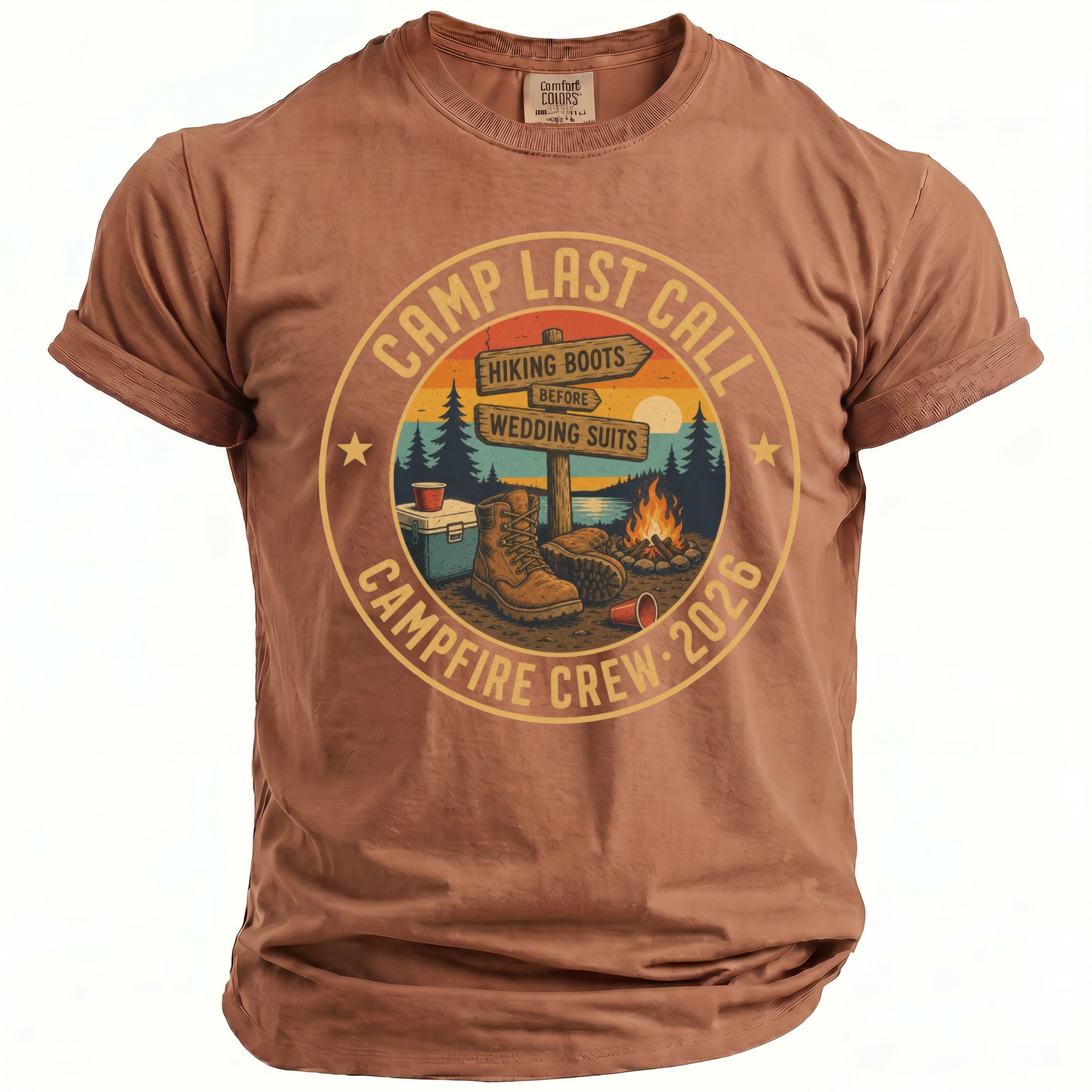 Brown t-shirt with "Camp Last Call Campfire Crew 2026" circular graphic.