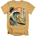 Frog in sunglasses surfs a wave with Japanese text and palm trees.