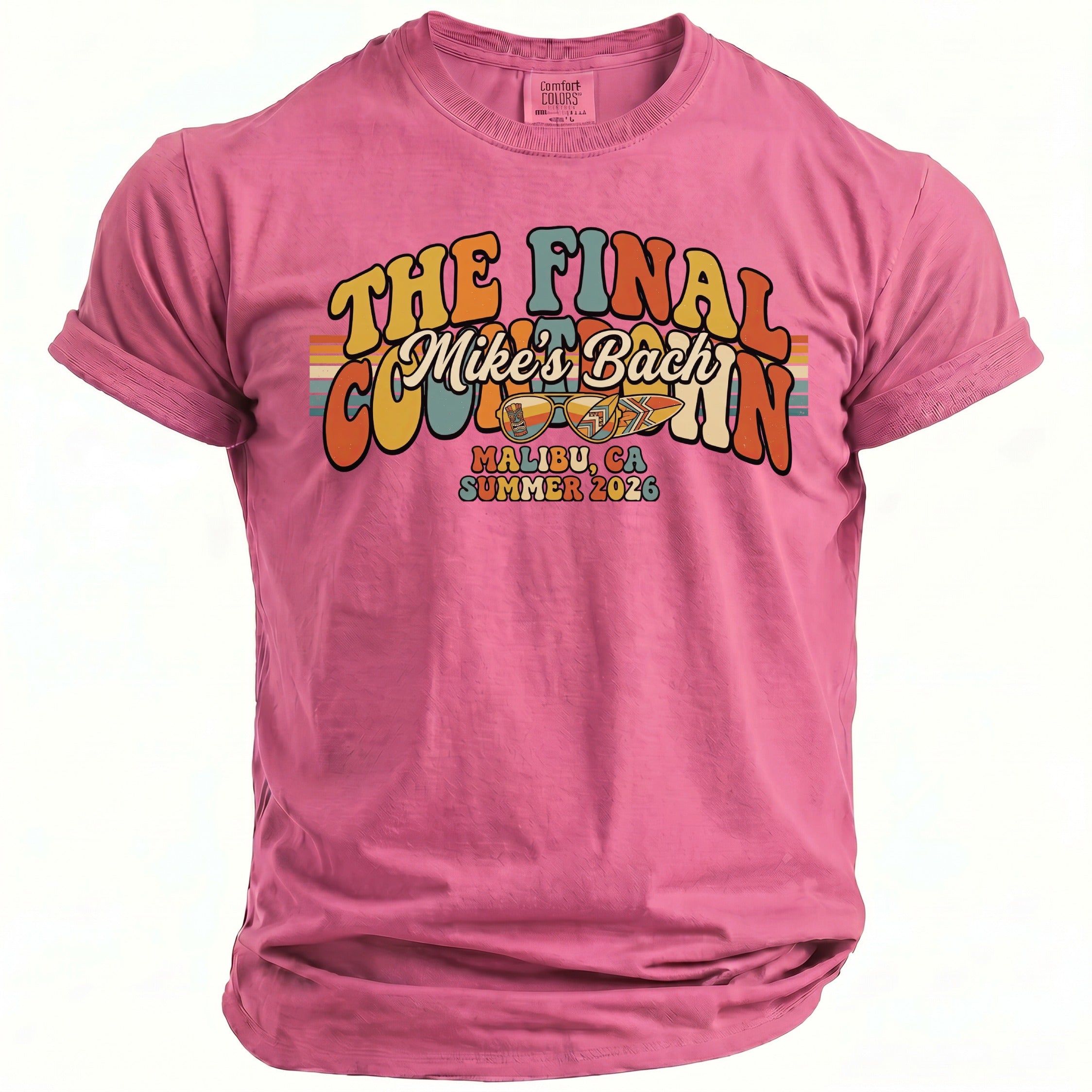 Pink t-shirt with "The Final Countdown" design and "Malibu, CA Summer 2026" text.