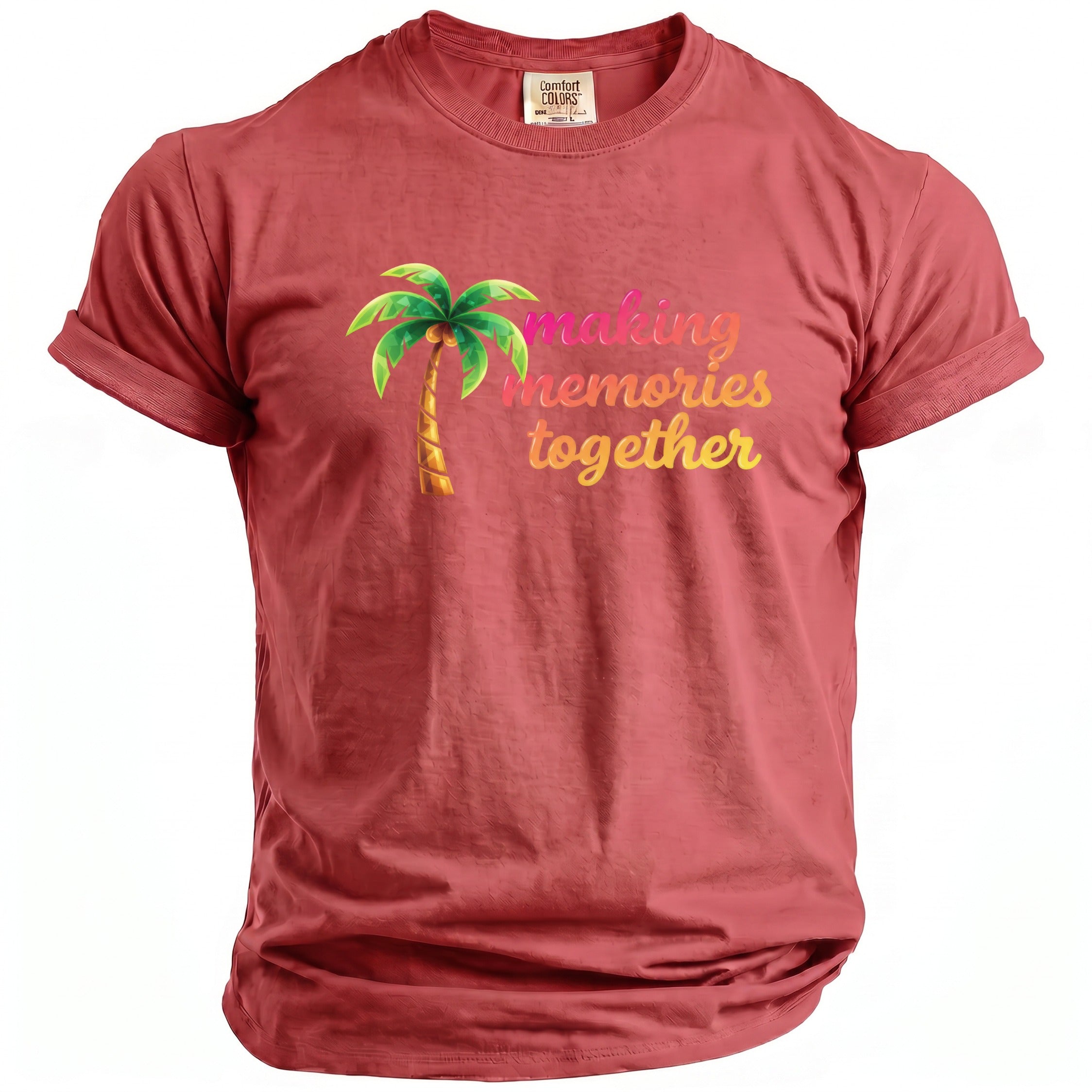 T-shirt with palm tree graphic and "making memories together" text.
