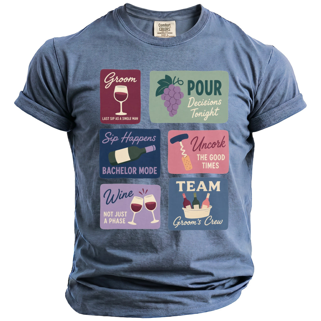 Blue t-shirt with six graphic panels featuring wine and bachelor party themes.
