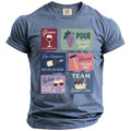 Blue t-shirt with six graphic panels featuring wine and bachelor party themes.