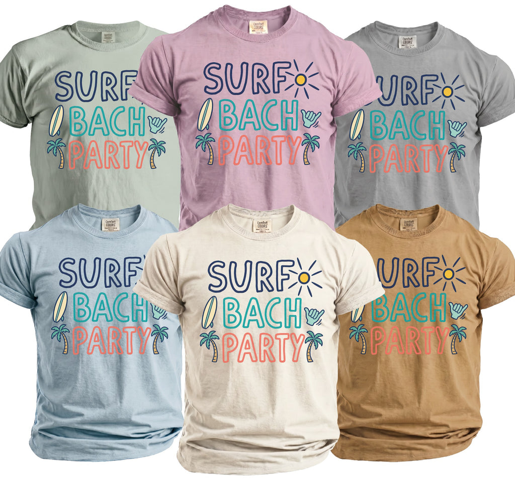 T-shirts with "Surf Bach Party" text and beach graphics in various colors.