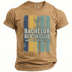 Tan t-shirt with "Bachelor Beach Club" and "Groom's Beach Weekend 2026" text.
