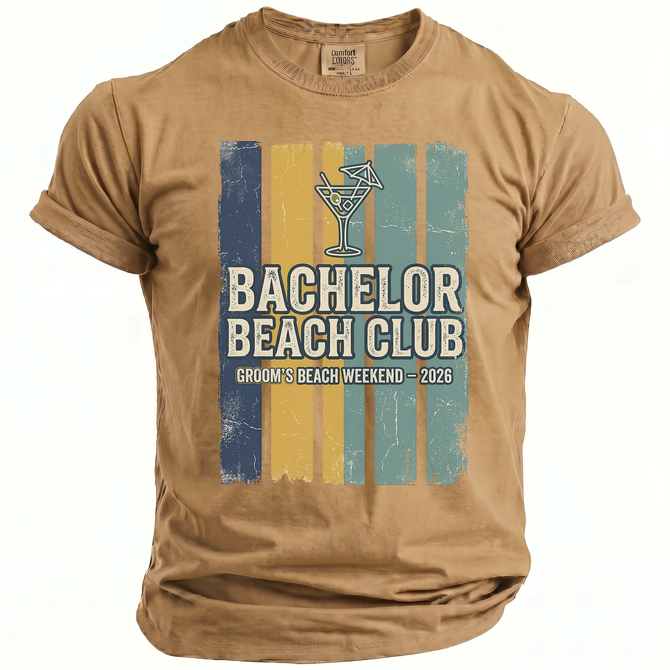 Tan t-shirt with "Bachelor Beach Club" and "Groom's Beach Weekend 2026" text.