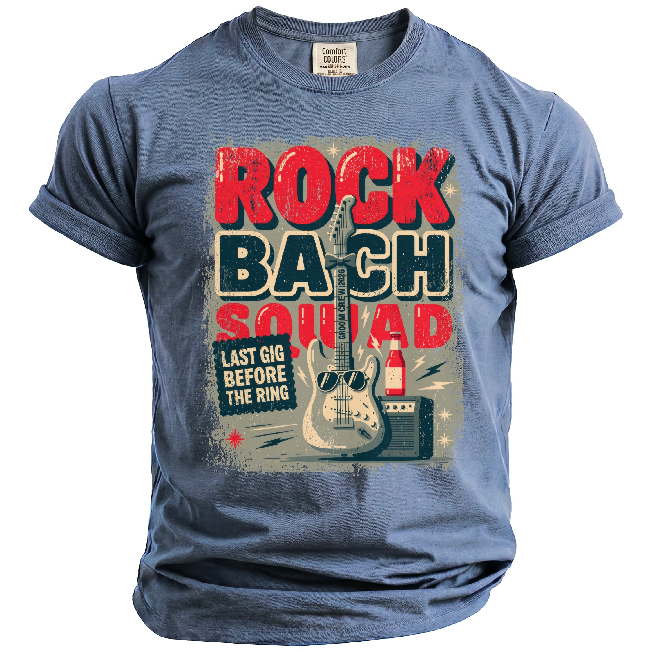 Rock Bach Squad graphic tee with guitar, amplifier, and "Last Gig Before The Ring" text.