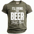 Olive green t-shirt with white text "I'LL BRING THE BEER Best Man".