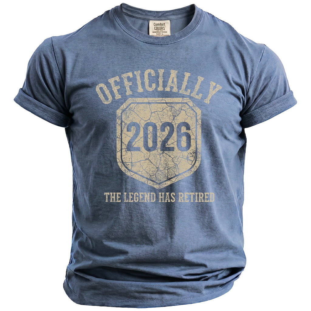 Blue t-shirt with "OFFICIALLY 2026 THE LEGEND HAS RET