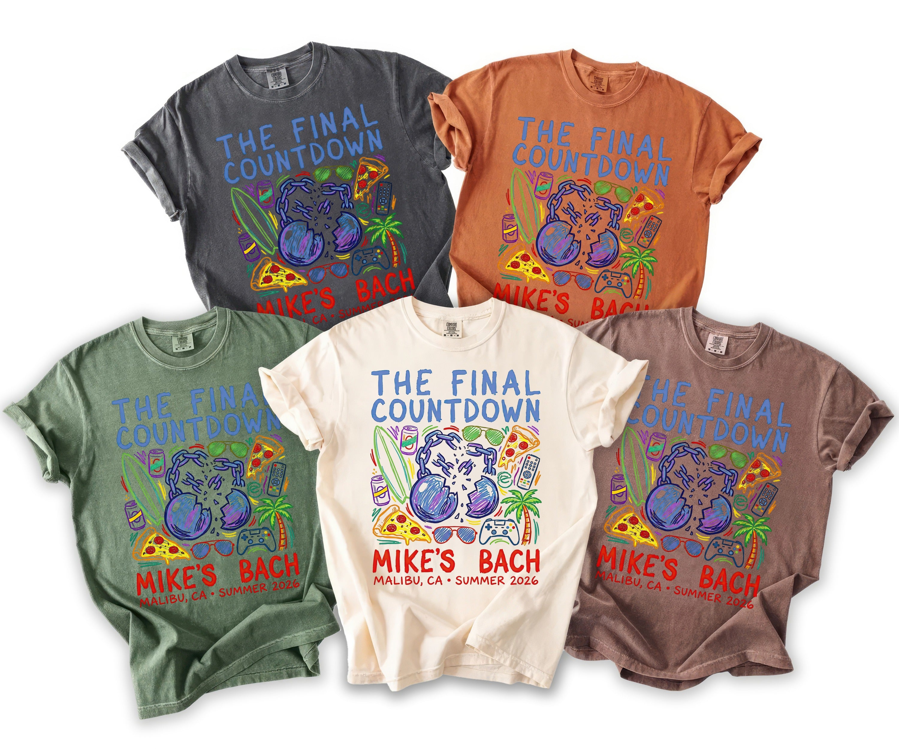 T-shirts with "The Final Countdown" and "Mike's Bach" graphic in multiple colors.