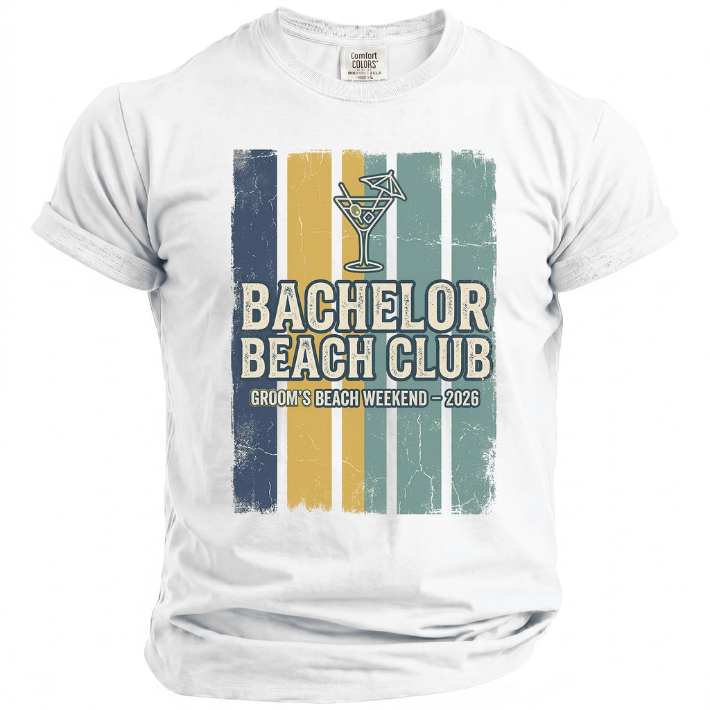White t-shirt with "Bachelor Beach Club Groom's Beach Weekend - 2026" text.