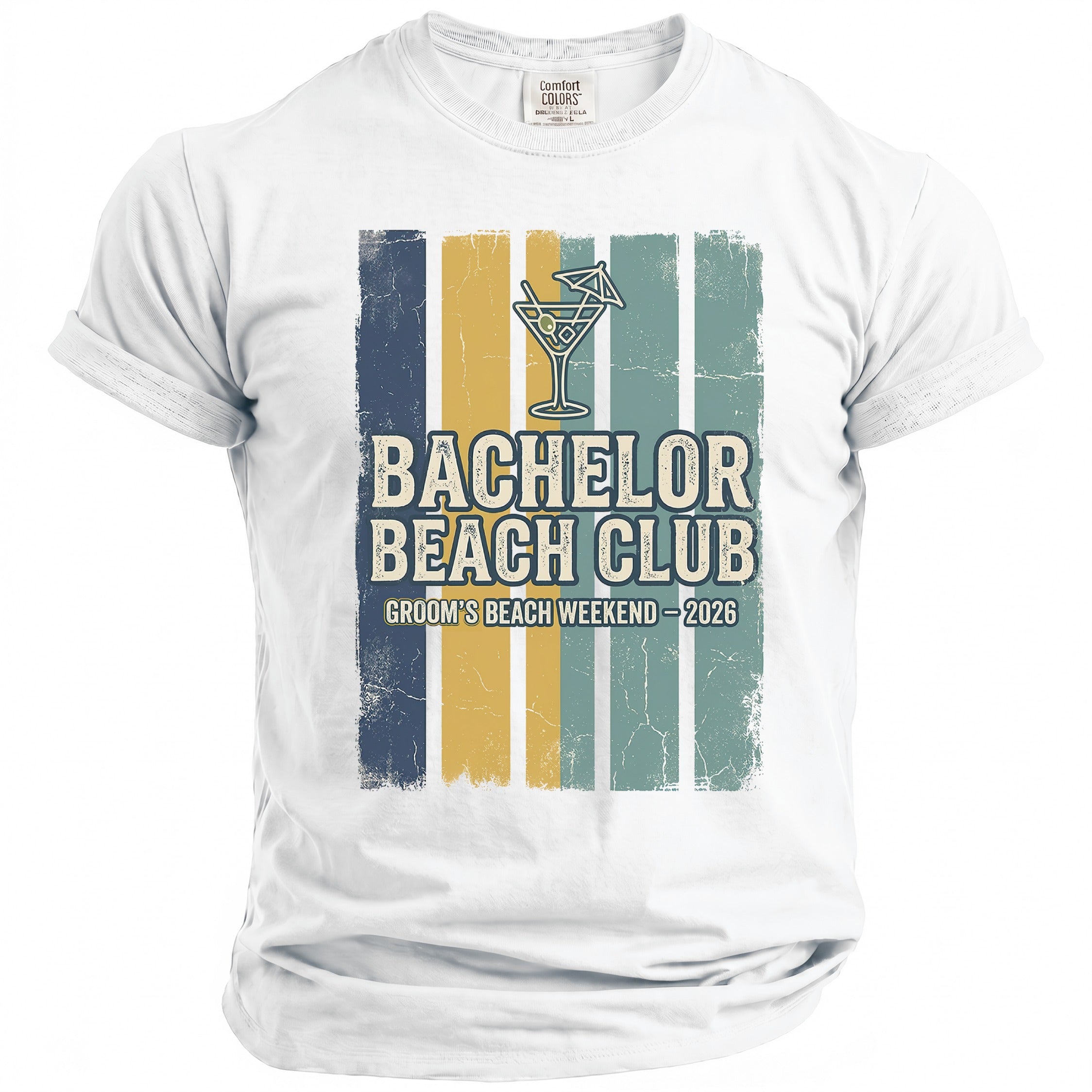 White t-shirt with "Bachelor Beach Club Groom's Beach Weekend - 2026" text.