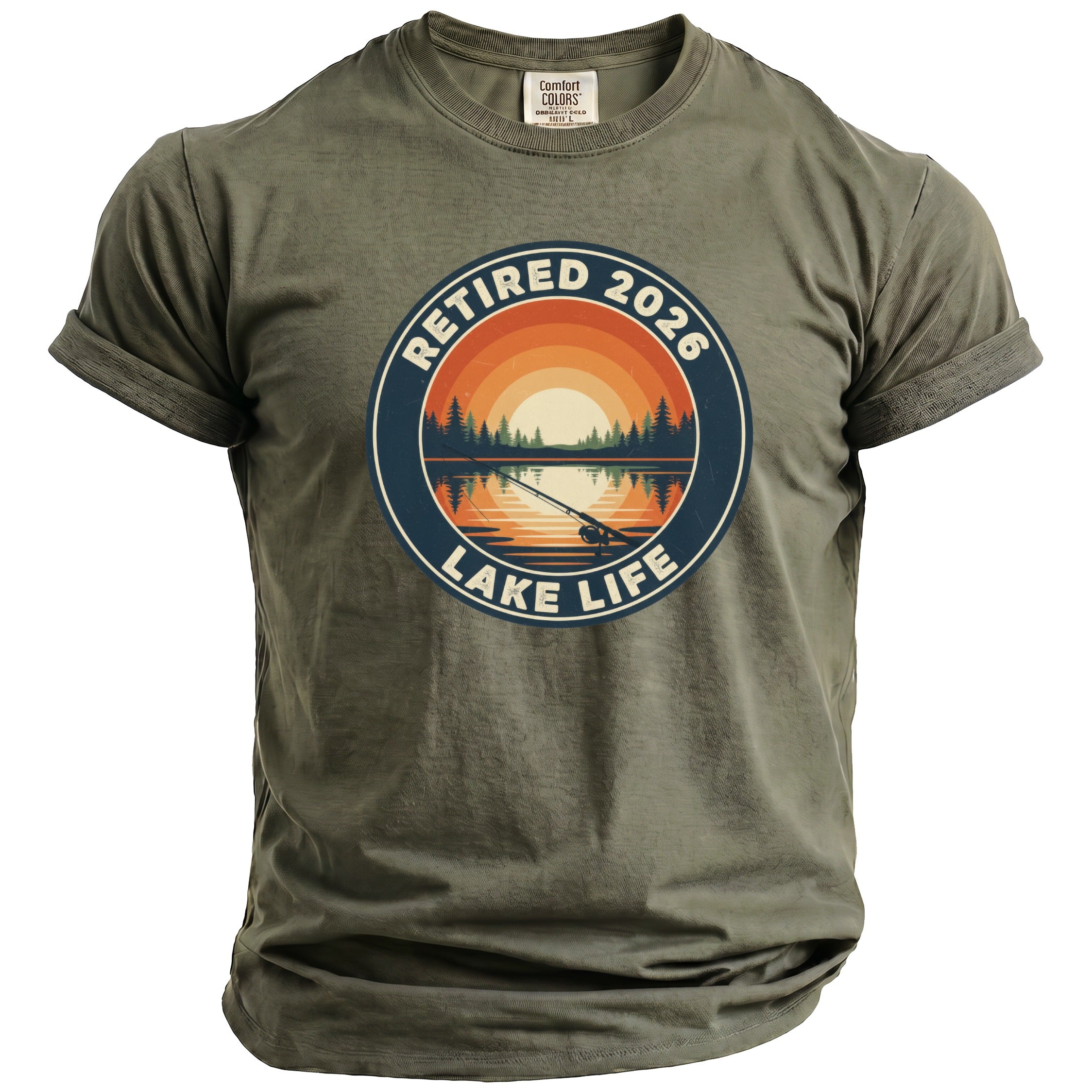 Olive green t-shirt with "Retired 2026 Lake Life" circular graphic.