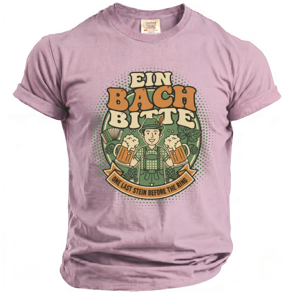 Pink t-shirt with "Ein Bach Bitte" and man holding beer mugs graphic.