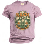 Pink t-shirt with "Ein Bach Bitte" and man holding beer mugs graphic.