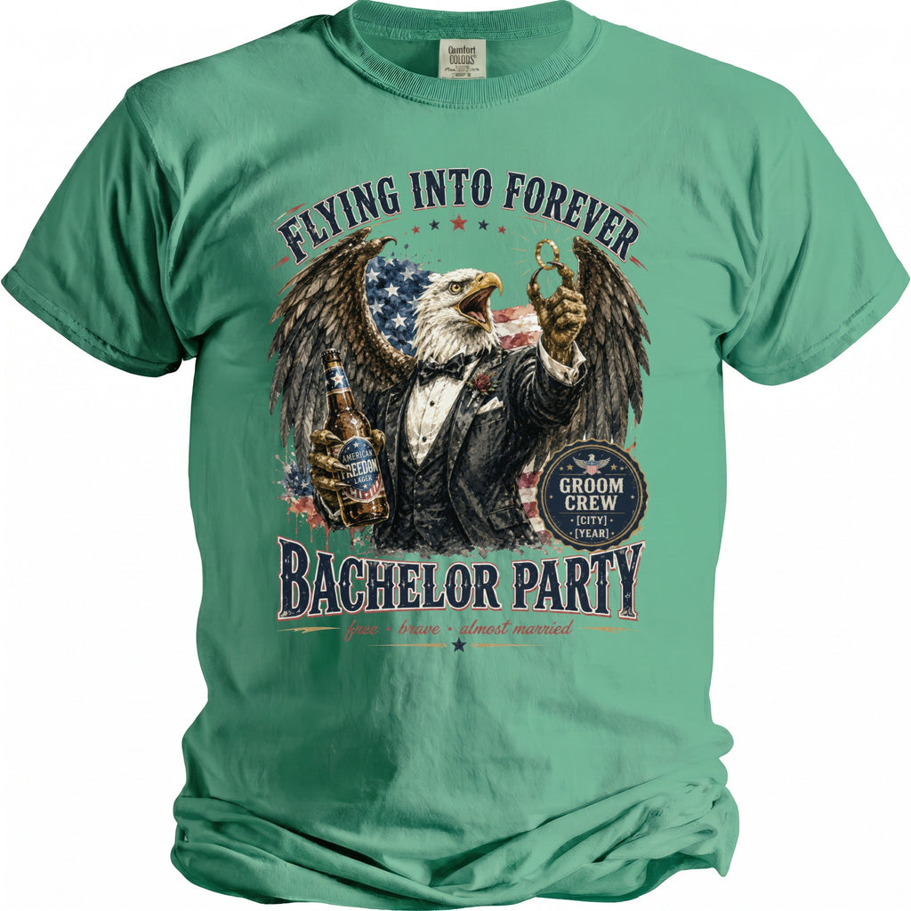 Eagle in suit celebrating bachelor party with beer and wedding ring, "Flying Into Forever Bachelor Party" text.