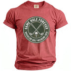 Red t-shirt with a circular graphic that reads "Same Hole Forever Bachelor Golf Weekend 2026."