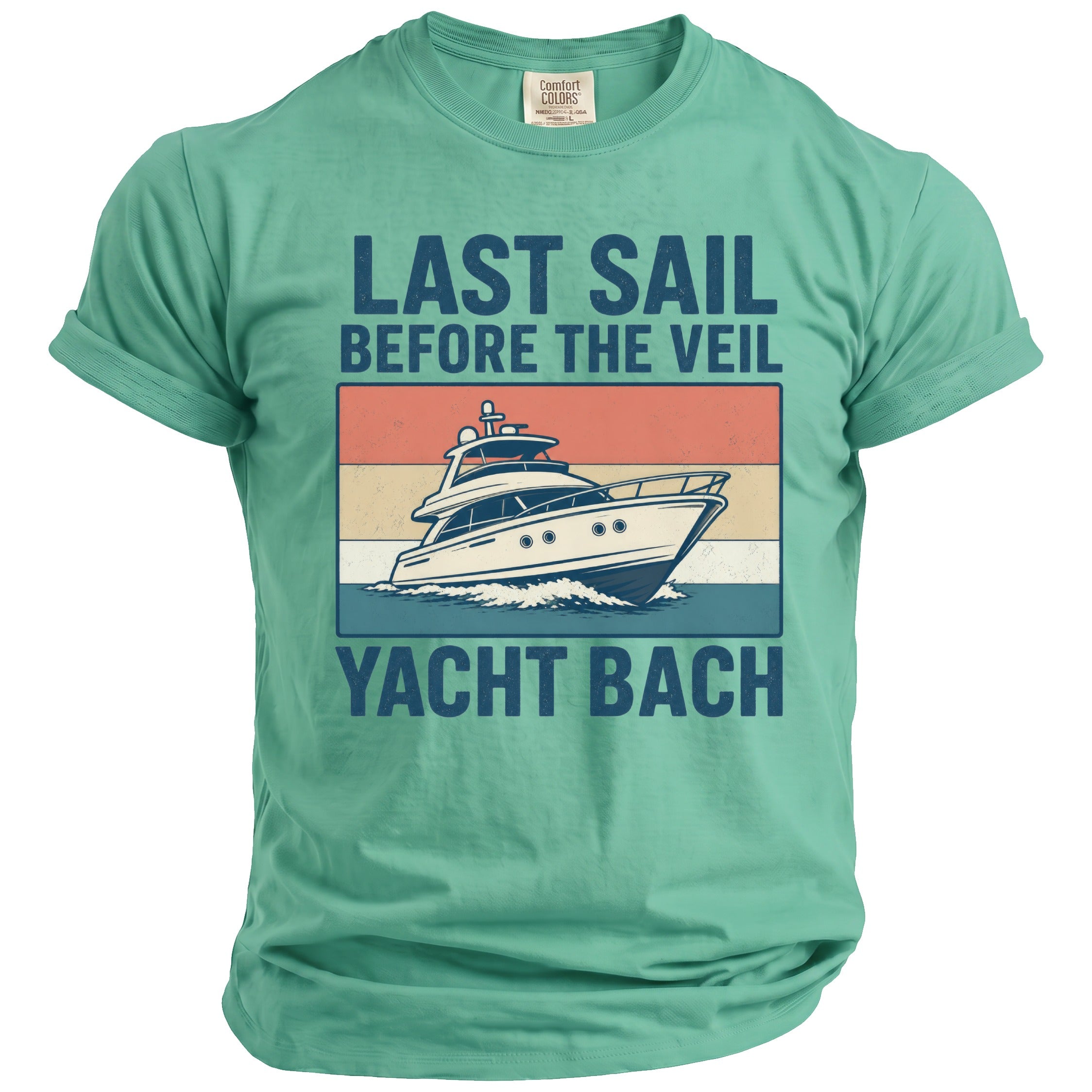 T-shirt with "Last Sail Before The Veil Yacht Bach" text and yacht graphic.