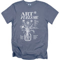Blue t-shirt with "ART FUELS ME" and floral design.