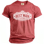 Red Comfort Colors t-shirt with "BEST MAN OFFICIALLY APPOINTED BACHELOR PARTY 2026" graphic.