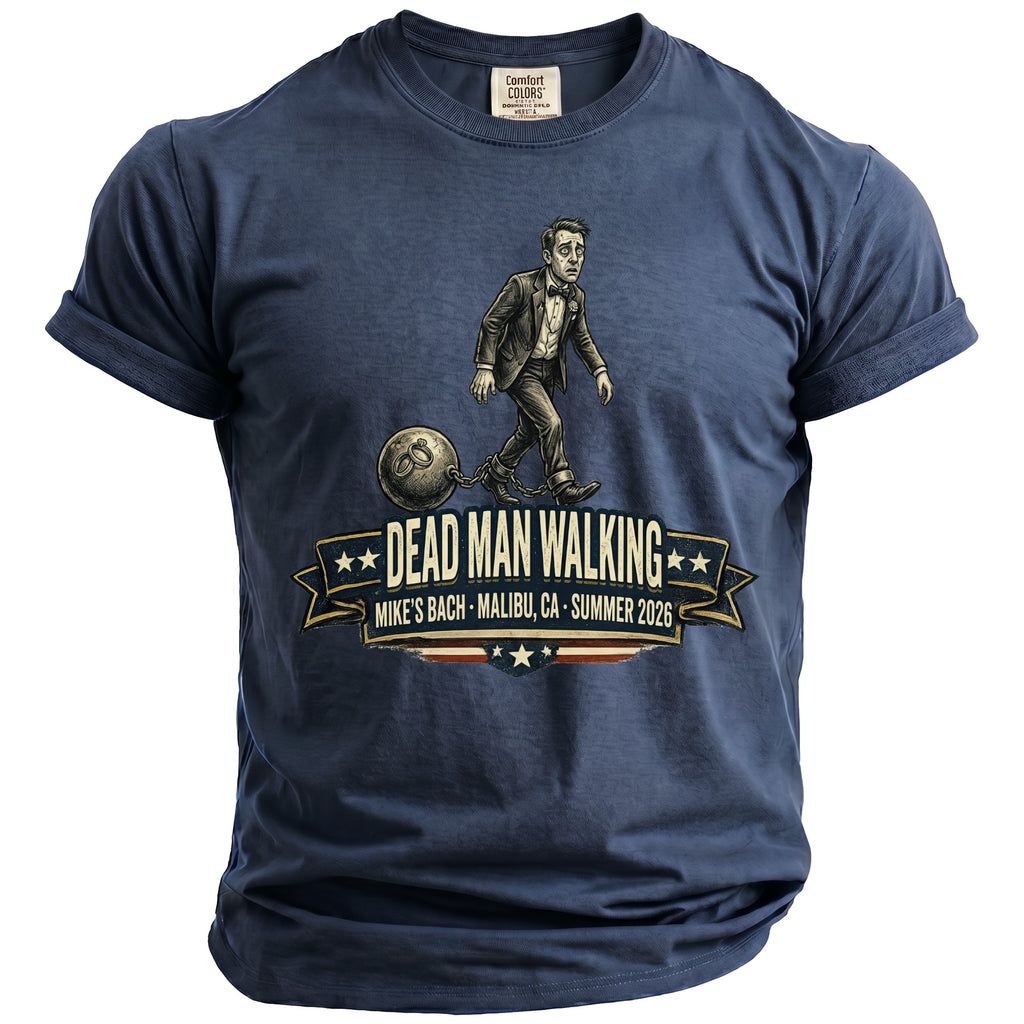 Navy t-shirt with 'Dead Man Walking' design featuring a man in a suit with a ball and chain.