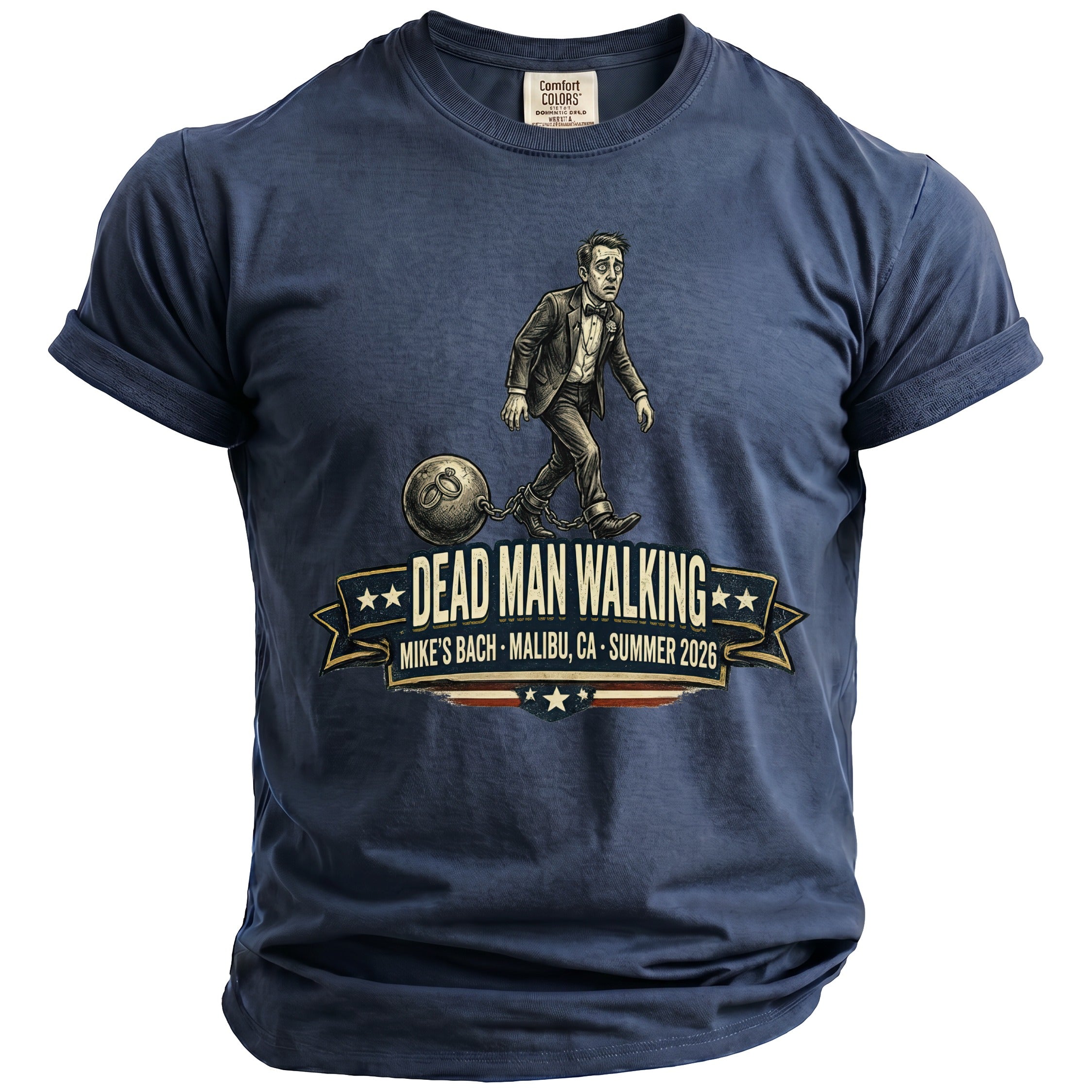 Navy t-shirt with 'Dead Man Walking' design featuring a man in a suit with a ball and chain.
