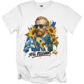 White t-shirt with a portrait of Vincent van Gogh with sunflowers and the text "ART STILL RELEVANT".