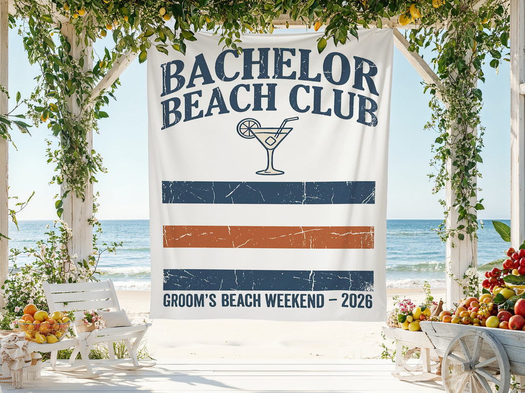 "Bachelor Beach Club Groom's Beach Weekend - 2026" banner with tropical beach backdrop.