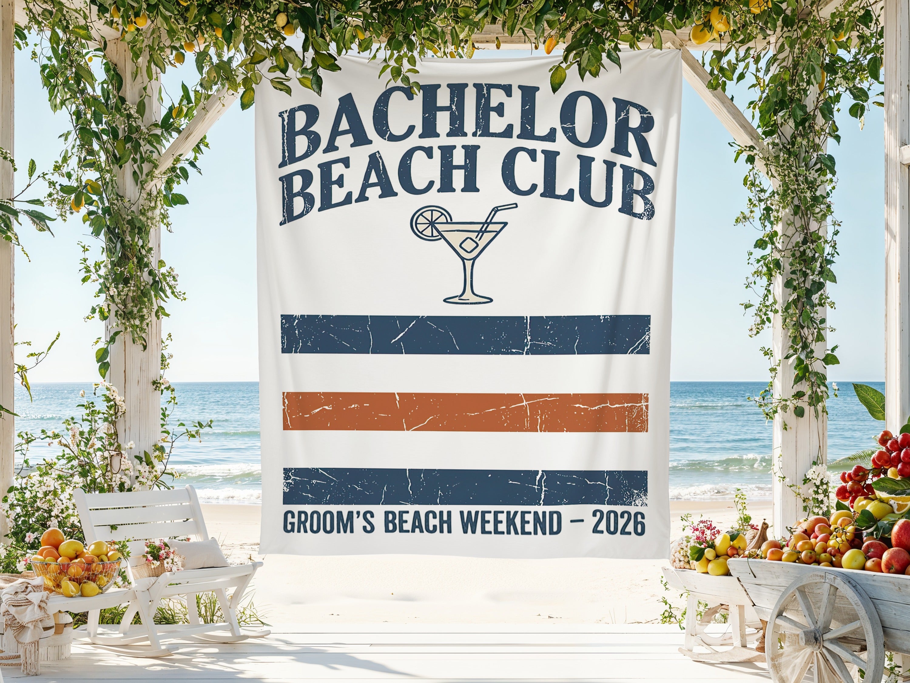 "Bachelor Beach Club Groom's Beach Weekend - 2026" banner with tropical beach backdrop.