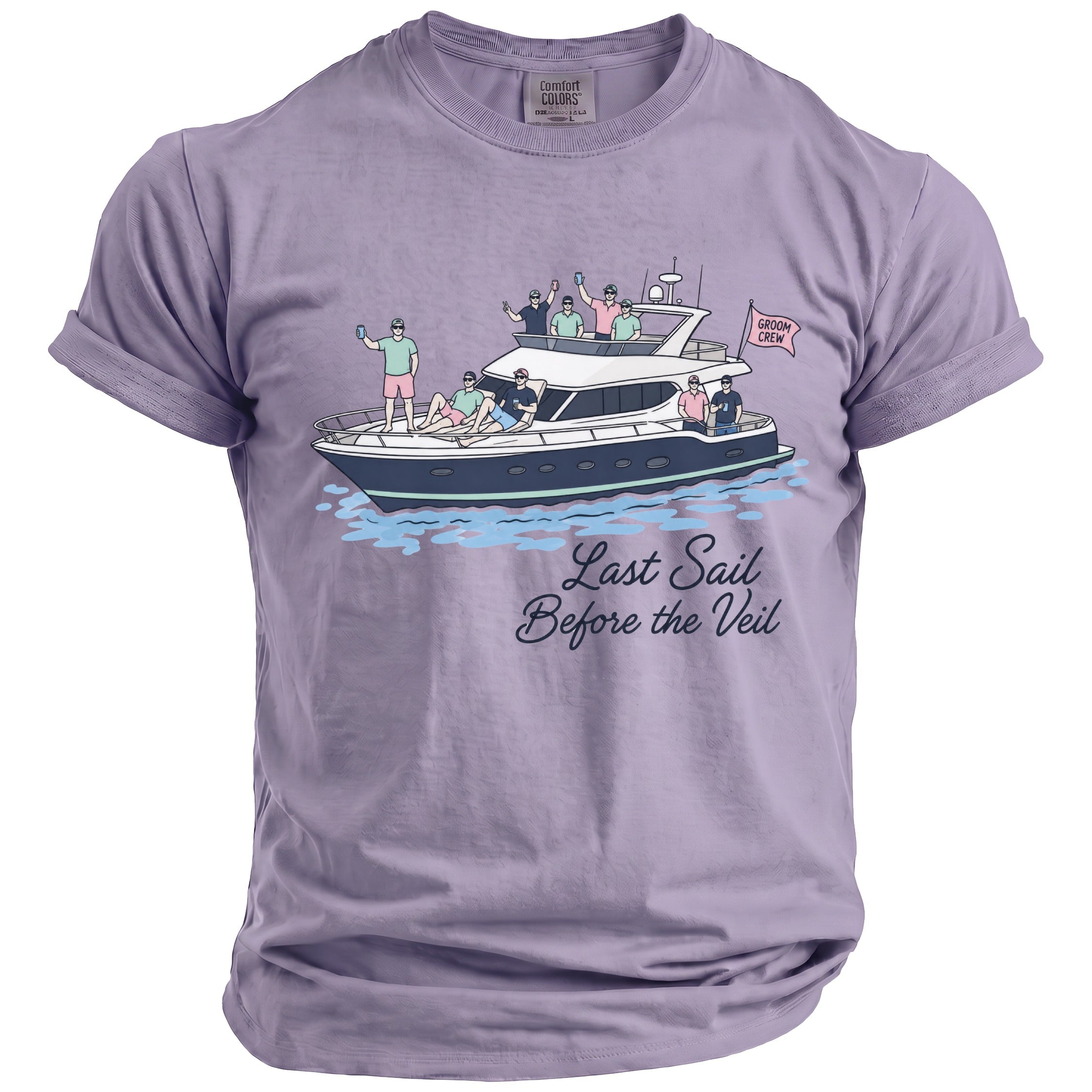 T-shirt with illustration of groom's crew on a boat with text "Last Sail Before the Veil".