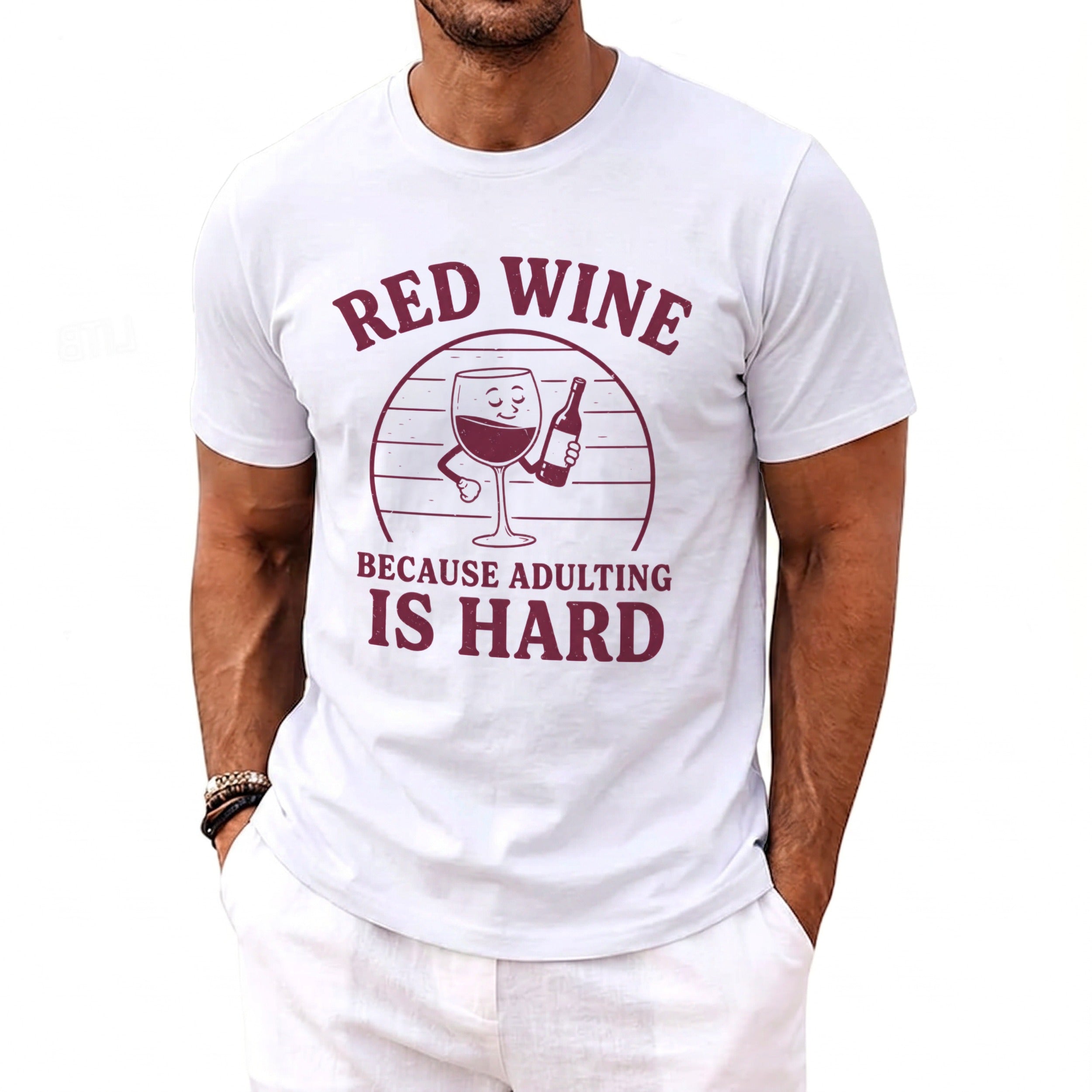 White t-shirt with red wine graphic and text "RED WINE BECAUSE ADULTING IS HARD".
