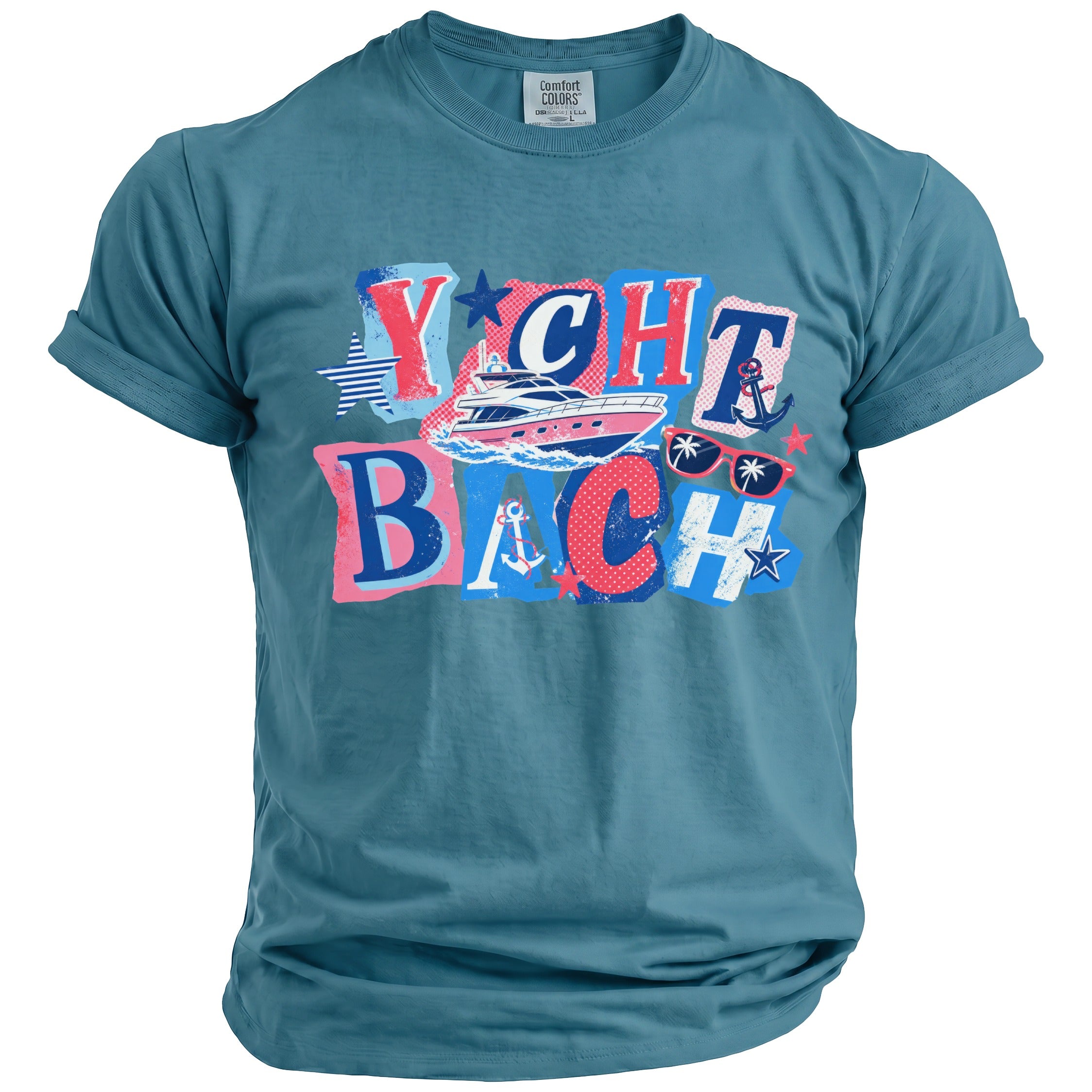 Blue short-sleeved t-shirt with a nautical-themed graphic featuring the text Yacht Bach, a yacht, sunglasses, and anchors.
