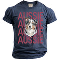 Navy t-shirt with watercolor Aussie dog portrait and repeating "Aussie" text.