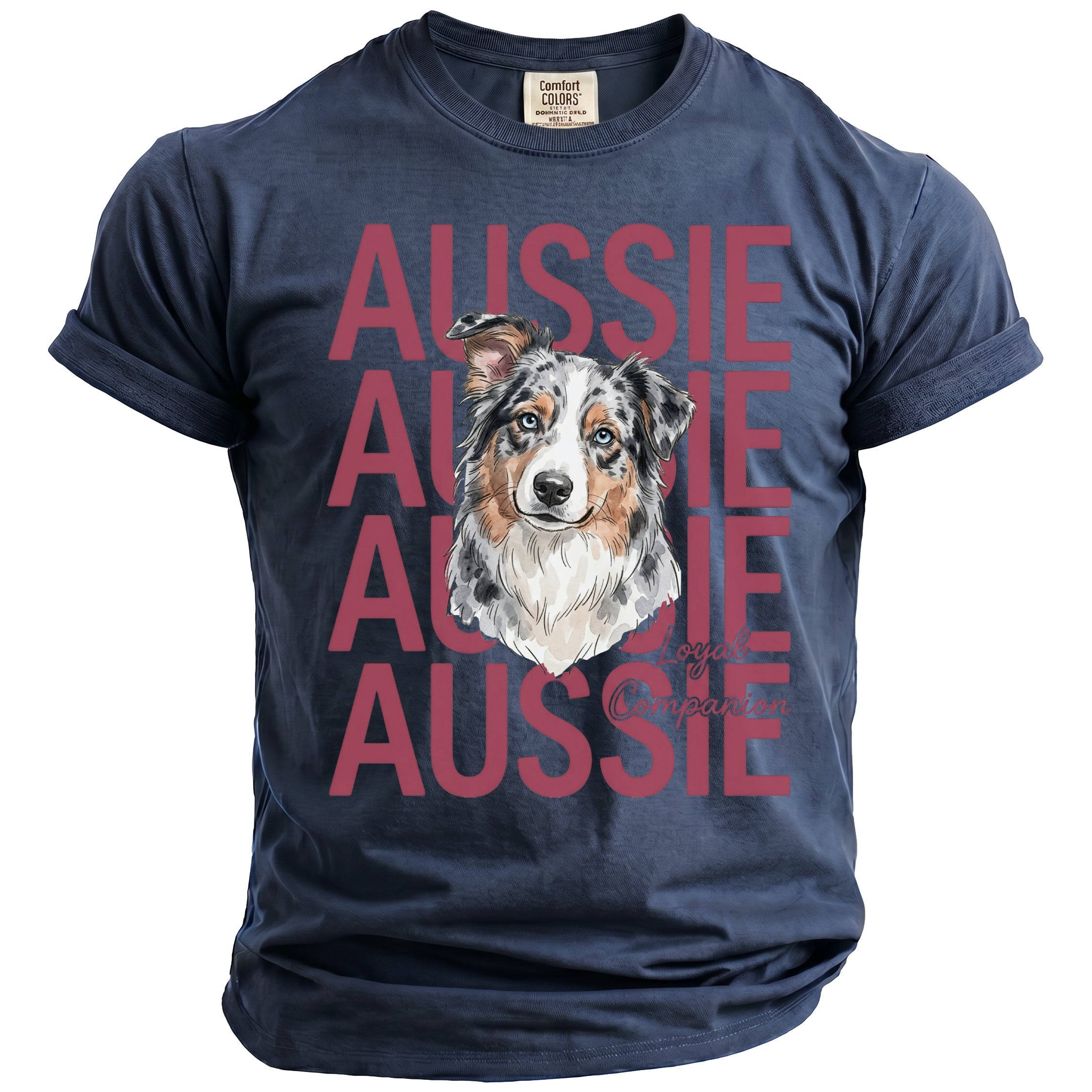 Navy t-shirt with watercolor Aussie dog portrait and repeating "Aussie" text.